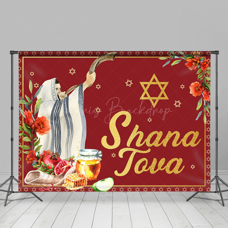 Lofaris Shofar Honey Fruit Floral Red Shana Tova Backdrop