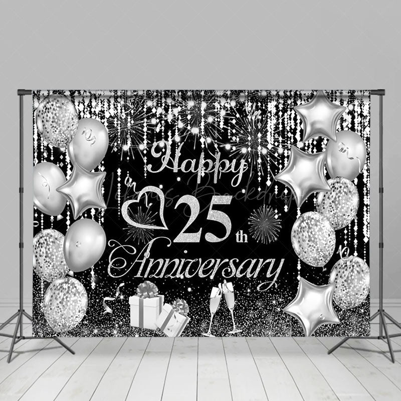 Lofaris Silver Balloon Sparks Black 25Th Anniversary Backdrop