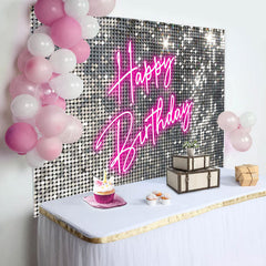 Lofaris Silver Sequins Pink Neon Happy Birthday Backdrop