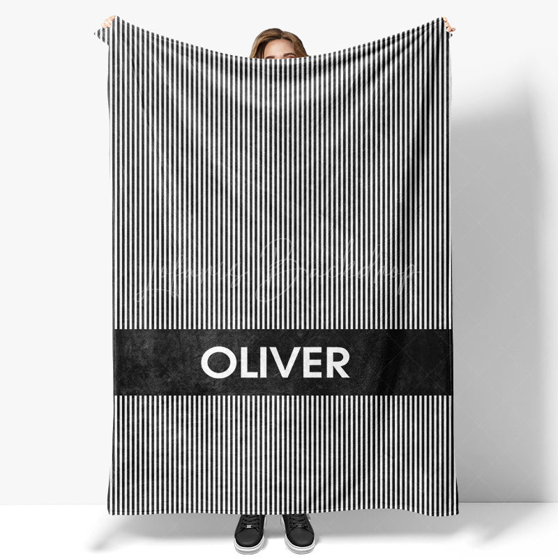 Lofaris Simple Black White Stripe Personalized Name Blanket