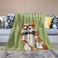 Lofaris Simple Green Corgi Custom Pet Name Photo Blanket