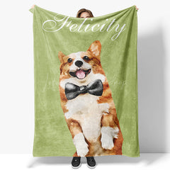 Lofaris Simple Green Corgi Custom Pet Name Photo Blanket