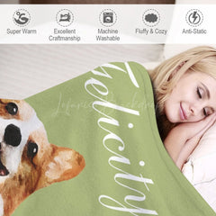 Lofaris Simple Green Corgi Custom Pet Name Photo Blanket