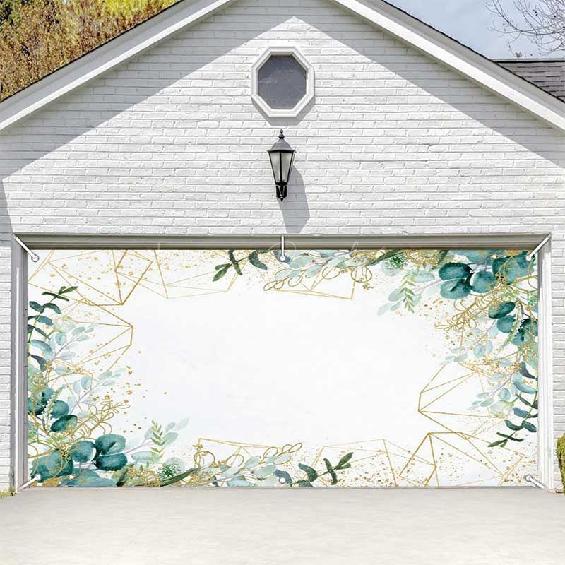 Lofaris Simple Green Leaves Gold Lines Garage Door Banner