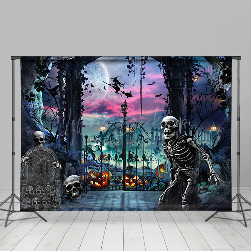 Lofaris Skull Grave Purple Vibe Moon Halloween Backdrop