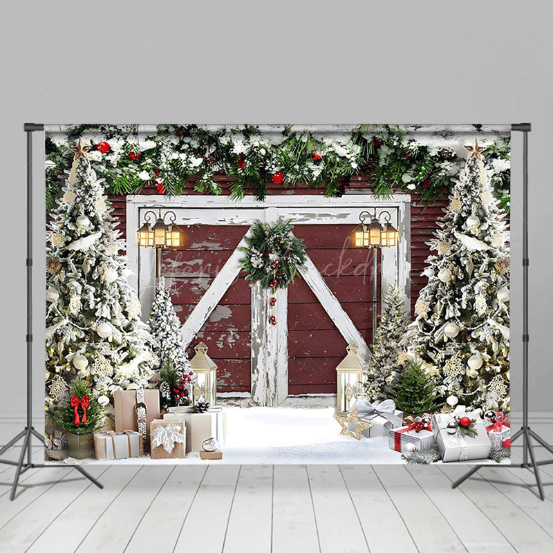 Lofaris Snow Pine Leaves Wreath Barn Door Tree Xmas Backdrop