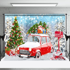 Lofaris Snowfall Field Red Car Tree Merry Christmas Backdrop