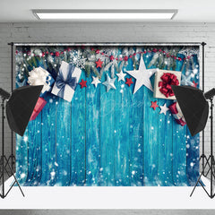 Lofaris Snowflakes Gift Boxes Blue Wood Christmas Backdrop