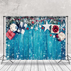 Lofaris Snowflakes Gift Boxes Blue Wood Christmas Backdrop