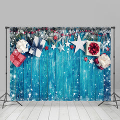 Lofaris Snowy Blue Wooden Gifts Pine Leaf Christmas Backdrop