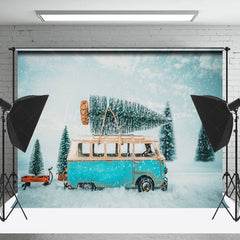 Lofaris Snowy Bus Moving Pine Winter Backdrop For Photo