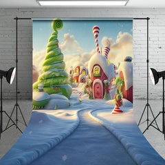 Lofaris Snowy Candyland Green Red House Christmas Backdrop