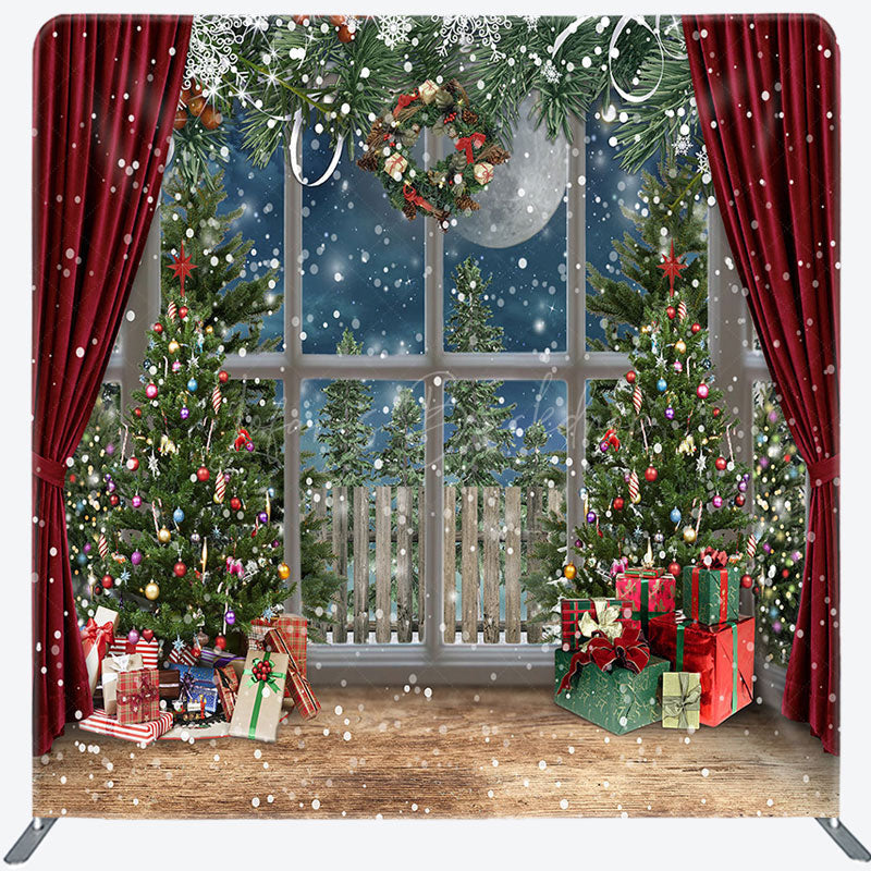 Lofaris Snowy Christmas Gifts Red Curtain Tension Fabric Backdrop