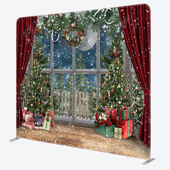 Lofaris Snowy Christmas Gifts Red Curtain Tension Fabric Backdrop