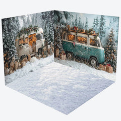 Lofaris Snowy Christmas Vibe Car Forest Room Set Backdrop