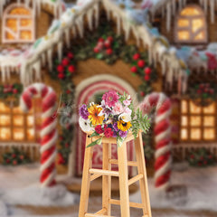 Lofaris Snowy Colorful Gingerbread House Christmas Backdrop