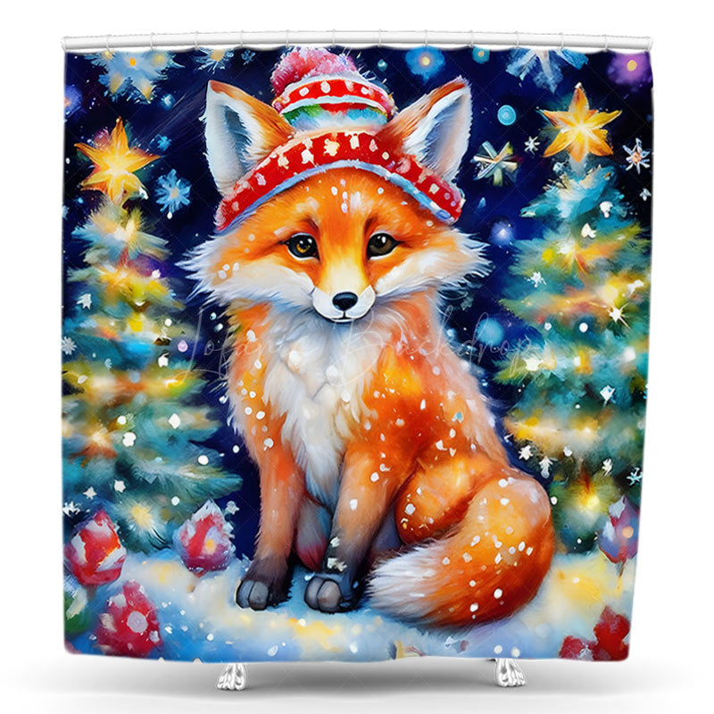 Lofaris Snowy Colorful Tree Cute Fox Christmas Shower Curtain