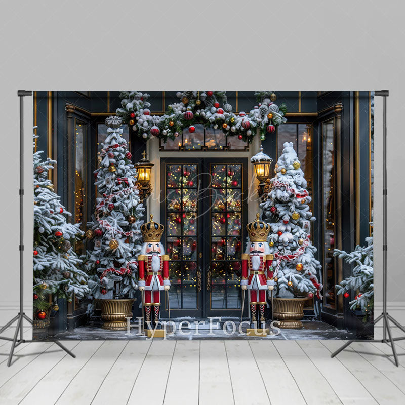 Lofaris Snowy Dark Navy Christmas Nutcracker Shop Backdrop