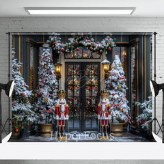 Lofaris Snowy Dark Navy Christmas Nutcracker Shop Backdrop