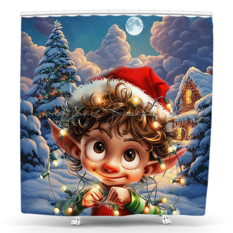 Lofaris Snowy Field Night Baby Elf Christmas Shower Curtain