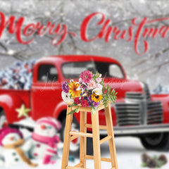 Lofaris Snowy Field Red Car Snowman Christmas Vibe Backdrop