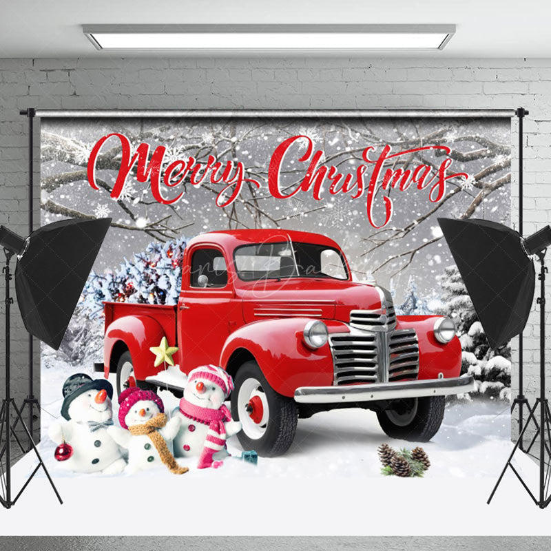 Lofaris Snowy Field Red Car Snowman Christmas Vibe Backdrop