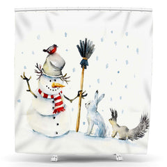 Lofaris Snowy Field Snowman Animals Christmas Shower Curtain