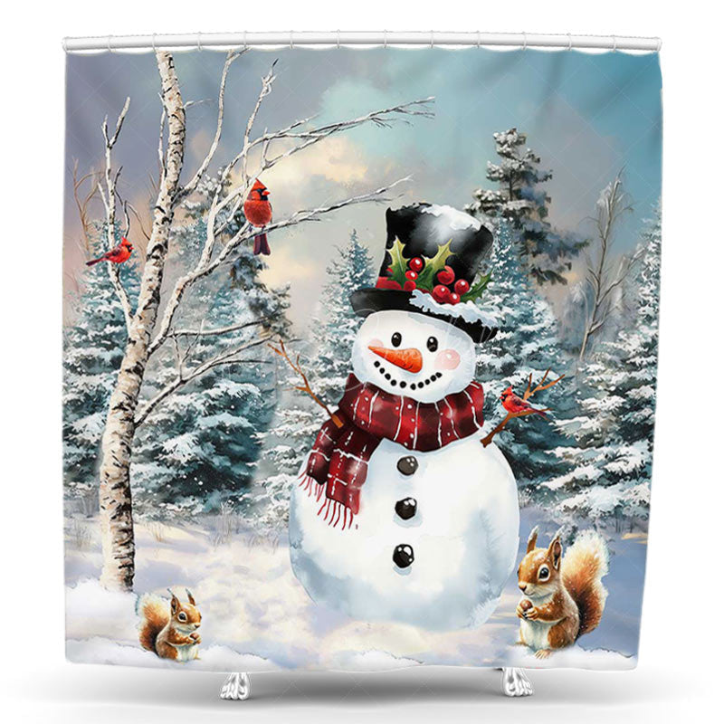 Lofaris Snowy Field Snowman Squirrel Christmas Shower Curtain