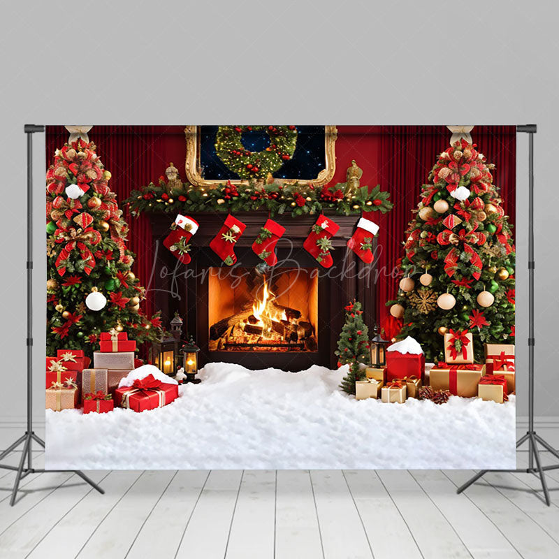 Lofaris Snowy Floor Fireplace Trees Merry Christmas Backdrop