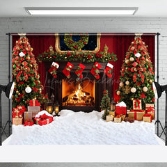 Lofaris Snowy Floor Fireplace Trees Merry Christmas Backdrop