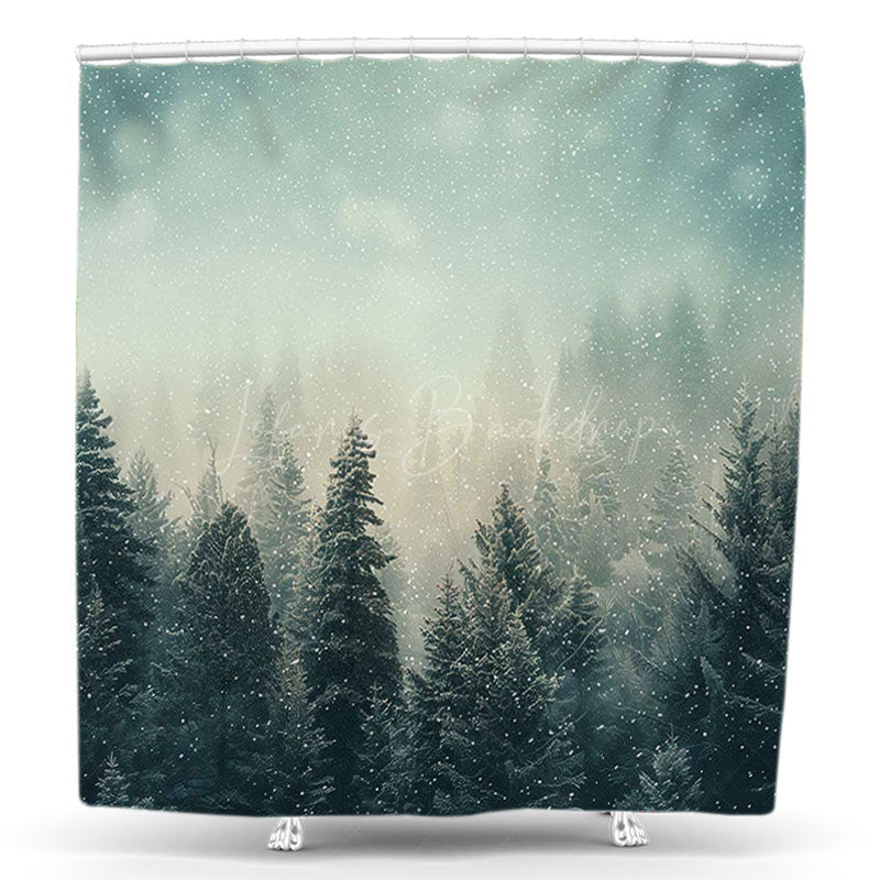 Lofaris Snowy Foggy Pine Forest Christmas Shower Curtain