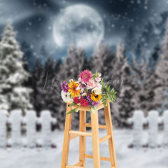 Lofaris Snowy Forest Fence Moon Night Winter Scene Backdrop