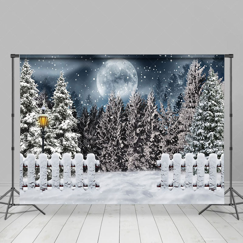 Lofaris Snowy Forest Fence Moon Night Winter Scene Backdrop