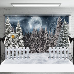 Lofaris Snowy Forest Fence Moon Night Winter Scene Backdrop