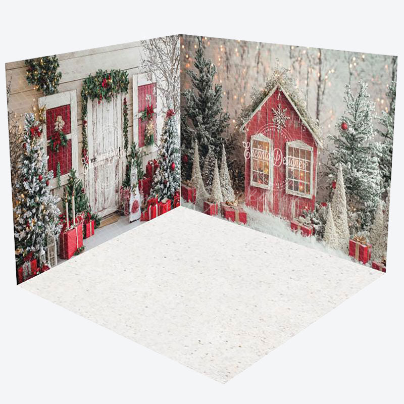 Lofaris Snowy Forest Field Cabin Christmas Room Set Backdrop