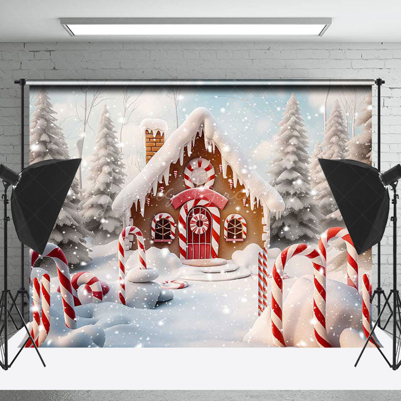 Lofaris Snowy Forest Gingerbread House Christmas Backdrop