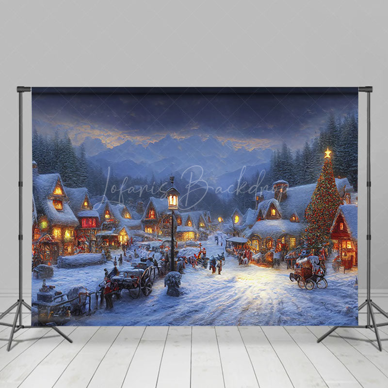 Lofaris Snowy Forest Mountain Town Night Christmas Backdrop