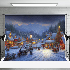 Lofaris Snowy Forest Mountain Town Night Christmas Backdrop