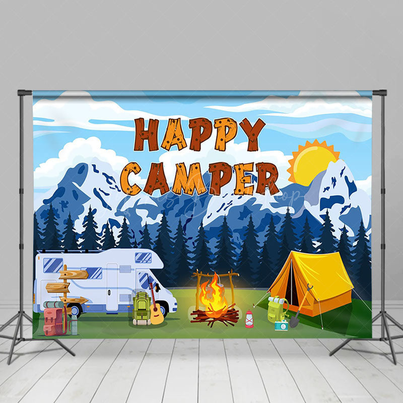 Lofaris Snowy Forest RV Happy Camper Vibe Birthday Backdrop