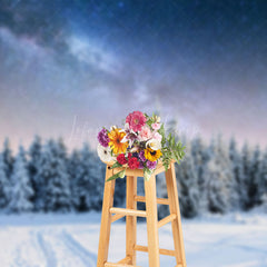 Lofaris Snowy Forest Starry Sky Sunset Winter Photo Backdrop