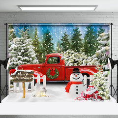 Lofaris Snowy Green Pine Forest Truck Snowman Xmas Backdrop