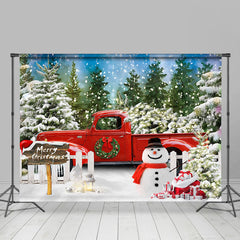 Lofaris Snowy Green Pine Forest Truck Snowman Xmas Backdrop