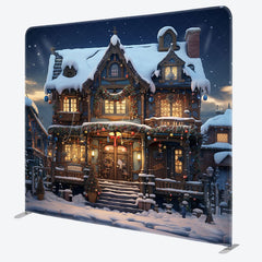 Lofaris Snowy House Dark Night Xmas Tension Fabric Backdrop