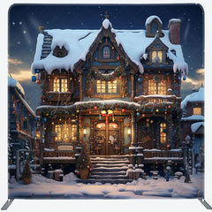 Lofaris Snowy House Dark Night Xmas Tension Fabric Backdrop