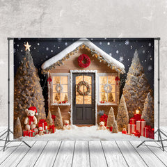 Lofaris Snowy House Trees Bear Gift Merry Christmas Backdrop