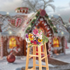 Lofaris Snowy Lighted Gingerbread House Christmas Backdrop