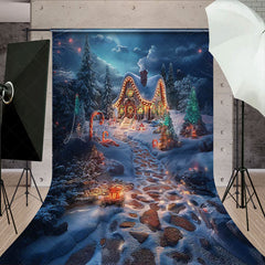 Lofaris Snowy Moon Night Cabin Forest Path Christmas Backdrop