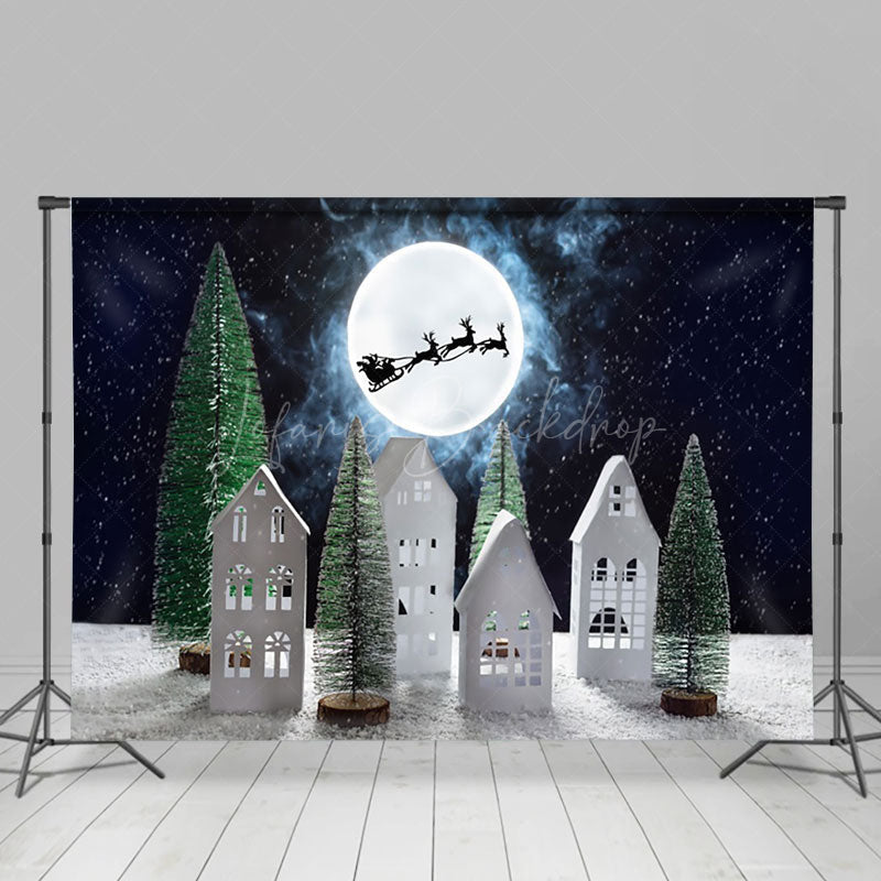 Lofaris Snowy Moon Night Santa Elk Christmas Vibe Backdrop