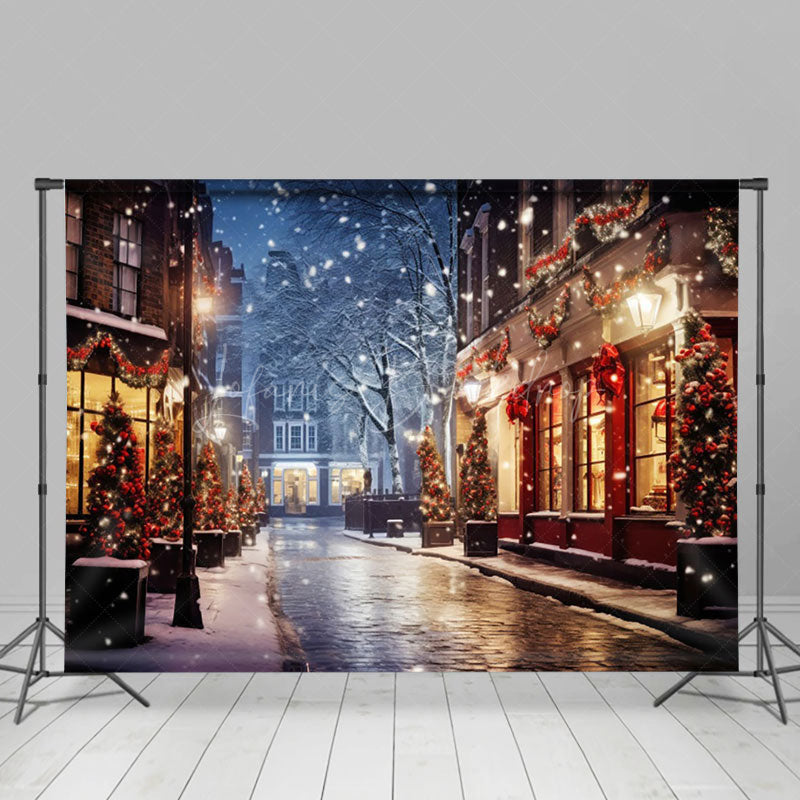 Lofaris Snowy Night Holiday Citywalk Lightlap Shop Backdrop