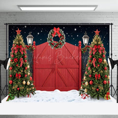 Lofaris Snowy Night Red Door Wreath Tree Christmas Backdrop